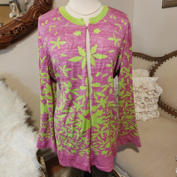 Misook Multileaf Pink & Green Long Cardigan Jacket - Picture 11 of 12